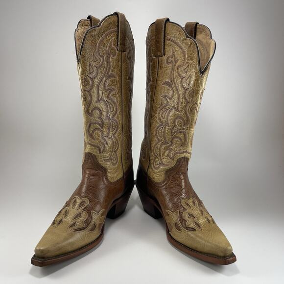 Justin Cowboy Damiana Boots L4337 Leather Snip Toe Size 6.5 B Tan Brown 2 Tone - Picture 2 of 10